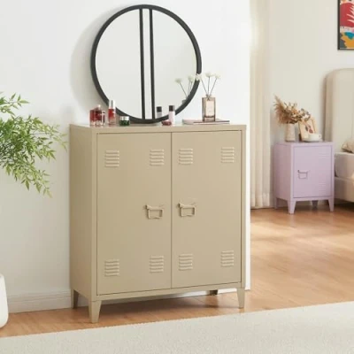 Afbeelding van [en.casa] Kantoorkast Oripää metalen kast 90x80x33 cm archiefkast opbergkast met 2 deuren en in hoogte verstelbareplanken camel