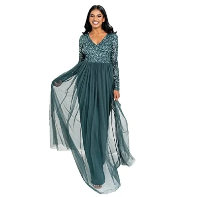 Afbeelding van Maya Deluxe Damesjurk met mouwen voor bruiloftsgast, V hals, hoge empire taille, maxi, lange lengte, avondfeest, bruidsmeisje, gala, Emerald Groen, 48