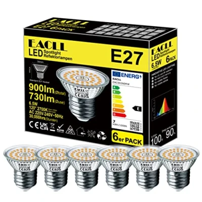 Afbeelding van EACLL E27 LED Lamp Warm Wit, 6.5W Gelijk aan 100W Halogeenlampen, 6 pack, 2700K 730lm AC 230V Geen Flikkering Verlichting, Stralingshoek 120 Spots, Niet Dimbaar Reflectorlamp