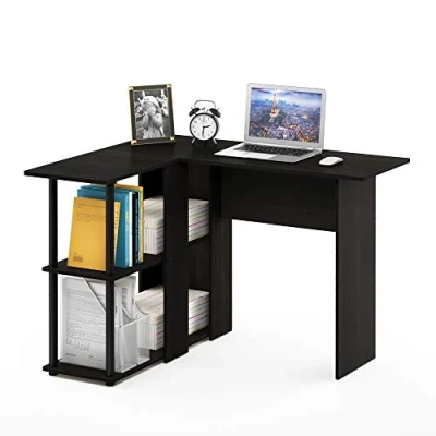 Afbeelding van Furinno Abbott L vormig bureau met planken, hout, espresso/zwart, 87,5 x 73,51 cm