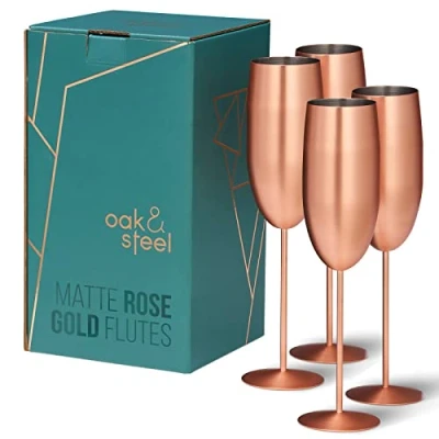 Afbeelding van Oak &amp; Steel 4 Mat Roségouden RVS Champagneglazen (285 ml, 25 cm) Stijlvol en Duurzaam Cadeau