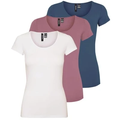 Afbeelding van VERO MODA Dames Vmmaxi My Ss Soft U Neck Noos T shirt, 3 stuks (vintage indigo, Mesa Rose, White Alyssum), XL