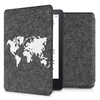 Afbeelding van kwmobile hoes compatibel met Amazon Kindle Paperwhite 11. Generation 2021 E reader beschermhoes in wit/donkergrijs Wereldkaart
