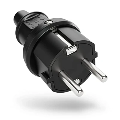 Afbeelding van ABSINA Schuko stekkers voor buiten, met knikbescherming, veiligheidsstekker van rubber en trekontlasting, 2 polig, 230 V, 16 A 3,7 kW, 230V geaarde stekker zwart, stekker, V