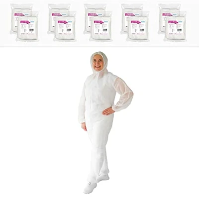 Afbeelding van ARNOMED PP wegwerp beschermpak wit, 10x full body pak maat XXL (150x183 cm), verf &amp; lakpak met capuchon, witte werkoverall voor mannen en vrouwen, latexvrije beschermende kleding.