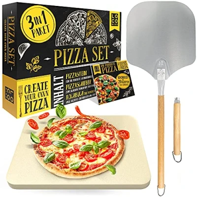 Afbeelding van Loco Bird pizzasteen voor oven &amp; gasgrill incl. pizzasschuiver set van 3 rechthoekige cordieriet knapperige pizzabodes zoals de Italiaanse, pizzaschuiver en receptenboek