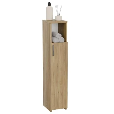 Afbeelding van ComfortCove Smalle Badkamerkast, Hoge Opbergkast voor Badkamer, Badkamerkasten, Ruimtebesparende Organizer Keuken of Woonkamer, Eik