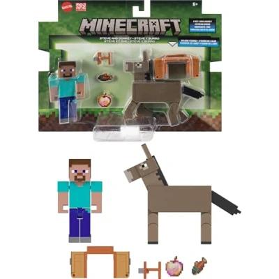 Afbeelding van Mattel Minecraft Actiefiguren &amp; Accessoires 2 Pack, Steve Donkey op schaal van 8,3 cm, verzamelspeelgoedset