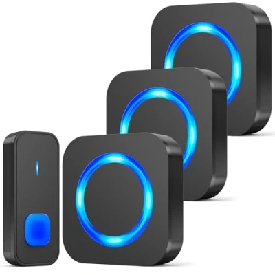 Afbeelding van SURFOU Deurbel, Waterdichte Draadloze Deurbelset Bel Deurbel Voor Buiten met 3 Plug in Ontvangers, 400M Bereik, 55 Melodieën, 5 Volumes, Huisdeurbel Batterij, Led Display, Zwart