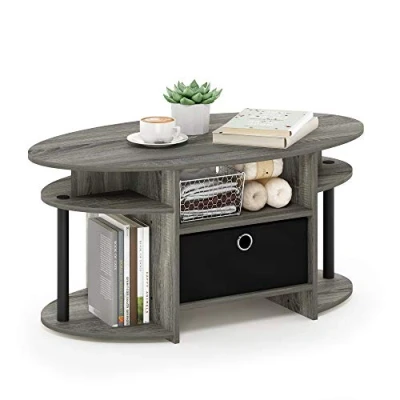 Afbeelding van Furinno JAYA Simple Design ovale salontafel met bak, Frans eiken/zwart/zwart