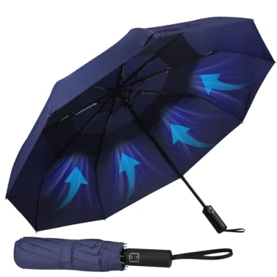 Afbeelding van Hannstar Paraplu, zakparaplu, automatisch openen en sluiten, klein, compact, licht, sterk, winddicht stormbestendig, dubbel geventileerd luifel, voor heren dames, donkerblauw, Klein