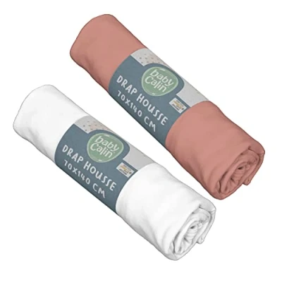 Afbeelding van BabyCalin Set van 2 hoeslakens, 70 x 140 17 cm, terracotta/wit, Oeko Tex gecertificeerd