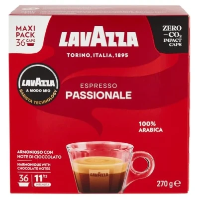 Afbeelding van Lavazza, A Modo Mio Espresso Passionale, 256 koffiecapsules, met aromatische tonen van karamel en chocolade, 100% Arabica, Intensiteit 11/13, donker roosteren, 16 verpakkingen pods