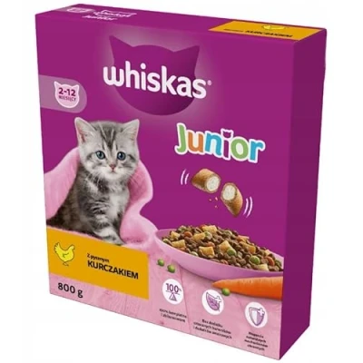Afbeelding van Whiskas Junior droogvoer kip, 5 x 0,8 kg (5 verpakkingen) in doos voor groeiende katten extra kleine kibbles kittens (2 12 maanden)
