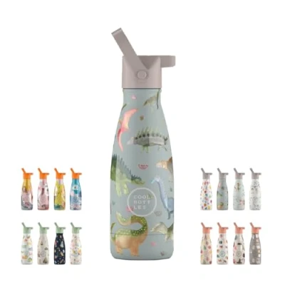 Afbeelding van Cool Bottles Dinos Planet 260ml Luxe drinkfles met rietje Schoolbeker kinderen Schoolfles RoestvrijStaal HandwasAlleen StijlvolDesign Kindvriendelijk