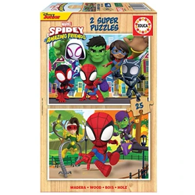 Afbeelding van Educa 2 x 25 Spidey &amp; His Amazing Friends, puzzels van milieuvriendelijk hout, robuust met elk delen, plezier per dubbel spel, afmetingen: 26 18 cm, vanaf 3 jaar (19289)