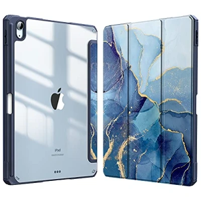 Afbeelding van Fintie Hoes iPad Air 11 inch 2024 M2 / 6e 2024, 5e/4e 10.9&quot; met Pen houder, draadloze oplaadfunctie Transparant Harde Beschermhoes Zachte TPU Rand Bumper Goudblauw marmer