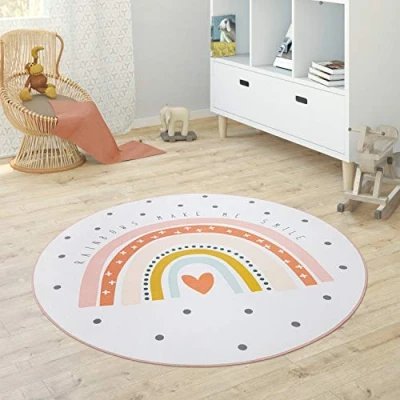 Afbeelding van Kindervloerkleed Kinderkamer Meisjes Jongens Ster Maan Olifant Regenboog, Maat:Ø 150 cm rondje, Kleur:Crème