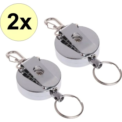Afbeelding van Fako Bijoux® Uittrekbare RVS Sleutelhanger Met Koord Stevig Afrolmechanisme Karabijnhaak Pasjeshouder Roestvrij Staal Ø 40mm 2 Stuks