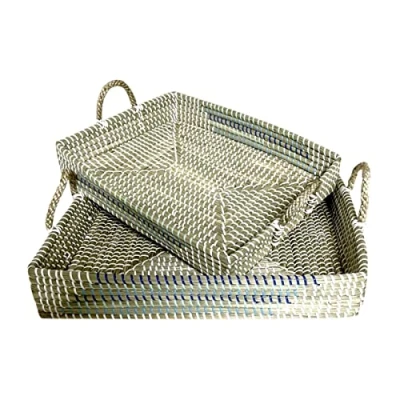 Afbeelding van Set van trays DKD Home Decor Wit Turkoois Natuurlijk Tropisch 48 x 38 15 cm Metaal (2 Stuks)