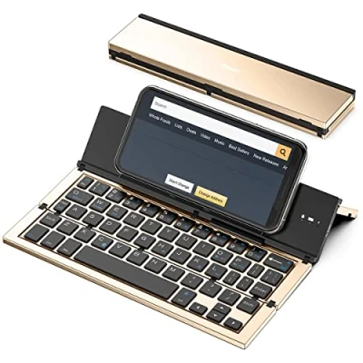 Afbeelding van opvouwbaar Bluetooth toetsenbord Geyes draadloos met draagbare zakformaat aluminium behuizing draagtas voor iPad iPhone en meer tablets laptops smartphones (goud)