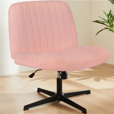 Afbeelding van Sweetcrispy bureaustoel zonder armleuningen, met teddyfluweel, leesstoel brede bekleding om in kleermakersstoel te zitten, hoogte verstelbaar, 360 graden draaistoel voor thuis, roze