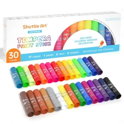 Afbeelding van Shuttle Art tempera verfsticks voor kinderen, 30 kleuren, wasbare gouache draaibaar, rommelvrij, sneldrogend, werkt geweldig op papier, hout, glas, keramisch canvas