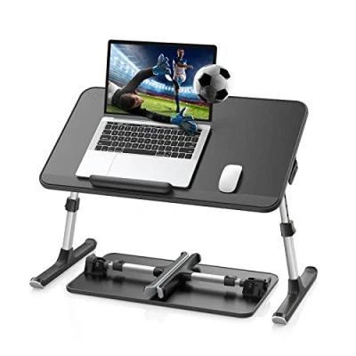 Afbeelding van laptoptafel voor bed, instelbare hoogte, hellingshoek, met inklapbare poten, rodelpoten, tafelblad van pvc leer, compatibel laptops tot 17 inch (zwart, 52 x 30 cm)