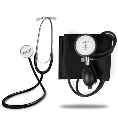Afbeelding van Pulox Stethoscoop met platte kop &amp; Manuele Bloeddrukmeter (Aneroïde Sfygmomanometer) set etui