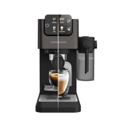 Afbeelding van GRUNDIG KSM 5330 Filtermachine met geïntegreerde melkreservoir, 1628 W vermogen, 15 bar pompdruk, dubbel mondstuk, gekleurd touch display, BrewSense, CreamyPro, Dark Inox/zwart