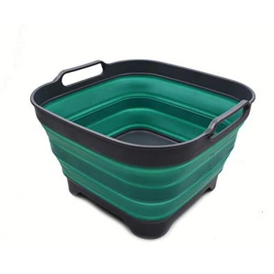 Afbeelding van 10 liter opvouwbare schaal met aftapschroef, wastafel, draagbare afwasbak, ruimtebesparend keukenopbergvak (grijs/turquoise, 1)