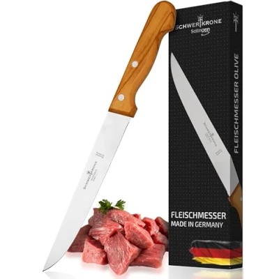 Afbeelding van Schwertkrone Premium vleesmes met olijfhouten handvat, extra scherp en duurzaam, lemmet 20 cm, ideaal voor keuken BBQ, Made in Solingen