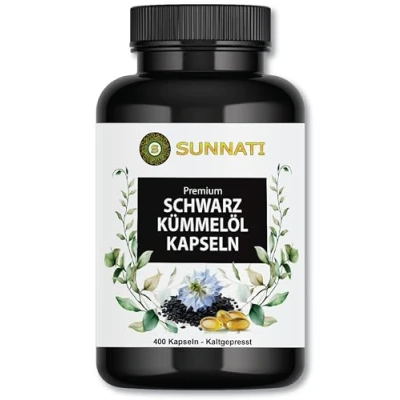 Afbeelding van zwarte komijnolie Nigella Sativa 400 capsules voor 6 maanden 1000 mg dagelijkse dosis met vitamine E Egyptische van Sunnati koudgeperst in Duitsland