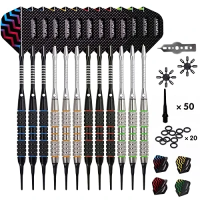 Afbeelding van Turnart Dartpijlen met kunststof punt, 12 stuks, 18 gram, 50 extra dartpunten, 20 rubberen ringen, 24 flights, gereedschapsset voor elektronisch dartbord