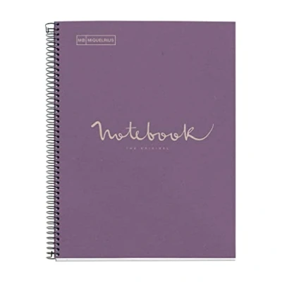 Afbeelding van Miquelrius gerecycled notitieboek, A4, 80 vellen, g/m², horizontaal gelinieerd, 7 mm, papier (na de consument), 1 gekleurde strip, 4 gaten, gerecyclede omslag, eco lavendel