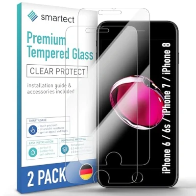 Afbeelding van smartect Glass Screen Protector [2 Stuks, Clear] compatibel met Apple iPhone 6 / 6s 7 8, Beschermglas Anti kras, Gerhard Glas 9H, Bubbelvrije, Ultra bestendig, Vingerafdrukken