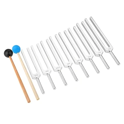 Afbeelding van gohantee 9 stuks stemvorken, aluminium stemvorkset met 1 geluidshamer voor genezende trillingstherapie, chakra en instrumentstemming, lage frequentie
