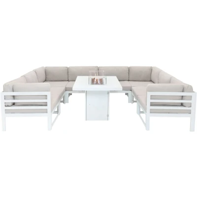 Afbeelding van Modulaire Tuinmeubelen Set 8 Zitplaatsen, U vorm Hoek Beklede Bank &amp; Gas Vuurtafel 9 Stuk Aluminium Lounge Zitgroep Buiten Dineren/Eten Balkon Terras Tuin Waterdichte Regenhoes Wit
