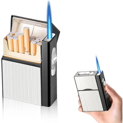 Afbeelding van Nizirioo Sigarettenetui met aansteker: winddichte aansteker gasaansteker, stormaansteker, aluminium sigarettenbox, kan 20 vatten, opladen via USB (zilver, verkocht zonder gas)