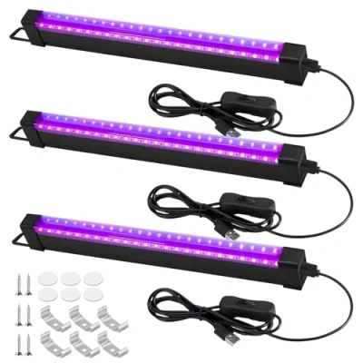 Afbeelding van Zwartlichtbuis, 3 stuks, blacklight lamp, partylicht, 5 W, 24 leds, 32 cm, ledstrip met schakelaar, USB, uv led, blacklight, lamp voor podiumverlichting, lichaamsbeschildering