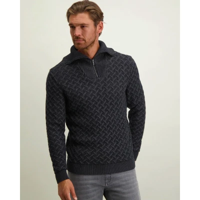 Afbeelding van State Of Art Half Zip Trui Melange Navy maat M Heren met Regular fit Pasvorm Katoen Suitable Herenkleding
