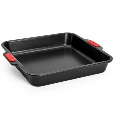 Afbeelding van Woll Bakeware Bakvorm, vierkant, 28 x cm, met hittebestendige siliconen handgrepen tot 230 C, PFAS vrij, tweelaagse antiaanbaklaag, gealuminiseerd staal, zwart