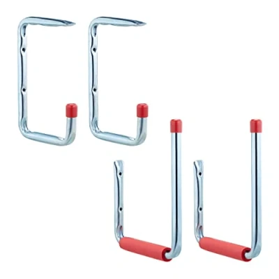 Afbeelding van Relaxdays wandhaken in set van 4, 2 groottes, tot 15 kg, werkplaats, ophanghaken garage, muurhaken ladder, zilver rood