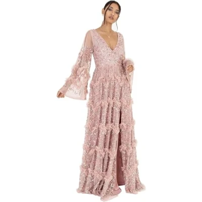 Afbeelding van Maya Deluxe Maxi jurk voor dames, V hals, pailletten, ruches, Empire taille, split, bal, bruidsmeisje, bruiloftsgast, Frosted Roze, 36