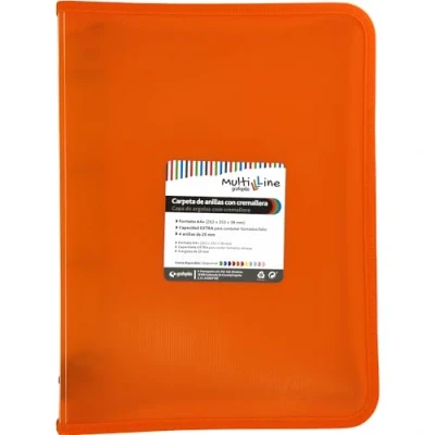 Afbeelding van Grafoplás Ringband met ritssluiting, A4+, oranje, multiline, 4 gemengde ringen van 25 mm, verticaal gestreepte polypropyleen omslag, extra capaciteit voor papieren vellen in folioformaat