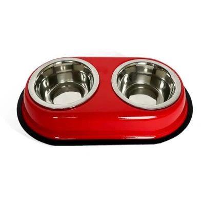 Afbeelding van Dubbele bak voor huisdieren, 2 x 400 ml roestvrijstalen bakken, voederbak, antislip basis, zwart (rood)