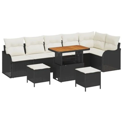 Afbeelding van vidaXL 9 Delige Tuin Sofa Set met Kussens Zwart Poly Rattan Acacia, 2 Zits Opslag &amp; Rattan, 3 Eetset Acacia