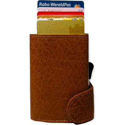 Afbeelding van THL Design Luxe Leren Pasjeshouder Uitschuifbaar 9 pasjes RFID Cognac