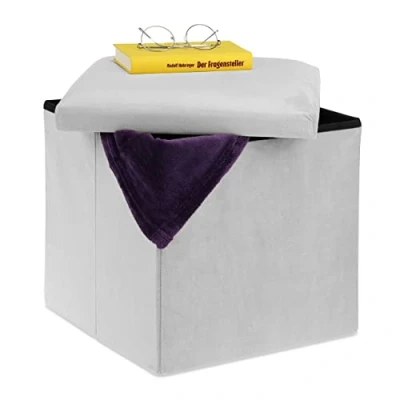Afbeelding van Relaxdays poef met opbergruimte opvouwbare hocker fluweel opbergpoef stof voetenbank Lichtgrijs