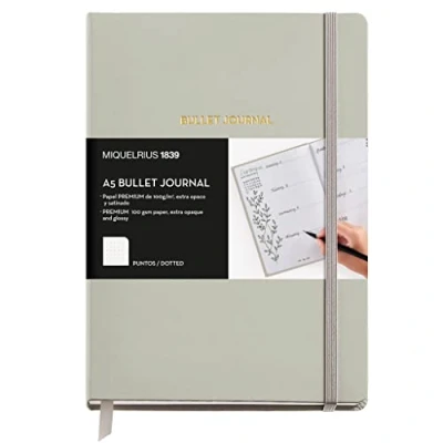 Afbeelding van Miquelrius Bullet Journal Notitieboek, hardcover kunstlederen omslag met elastische sluiting, A5 formaat, 148 x 210 mm, 96 vellen 100 g/m², stippenraster interieur
